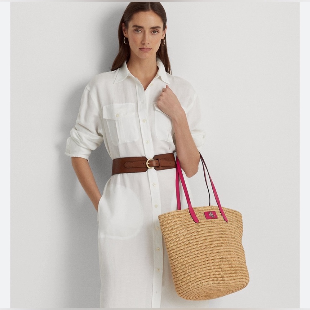 NWT Ralph Lauren Brie Tote Neutral Hot Pink Trim Designer Bag Gift Mother’s Day - Picture 2 of 11